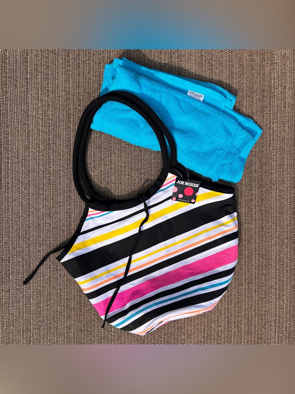NWT Vintage Joe Boxer Striped Canvas Beach Bag Tote & Towel Set